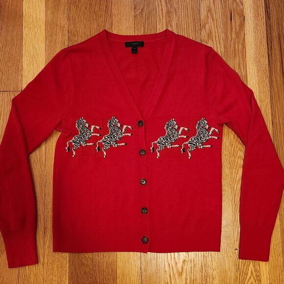 J. Crew NWOT Red 100% Merino Wool Zebra Novelty Print Cardigan Sweater Size S - Picture 6 of 11